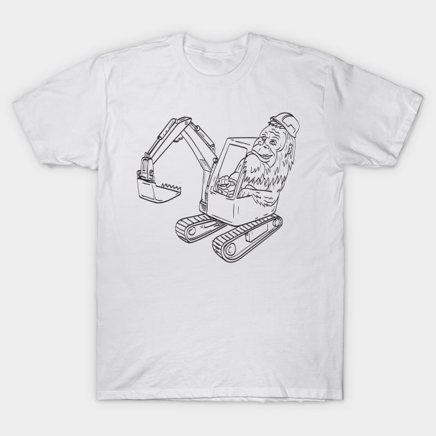 Sasquatch or Bigfoot Wearing Hardhat Driving a Mechanical Digger Excavator Line Art Drawing Illustration T-Shirt by patrimonio